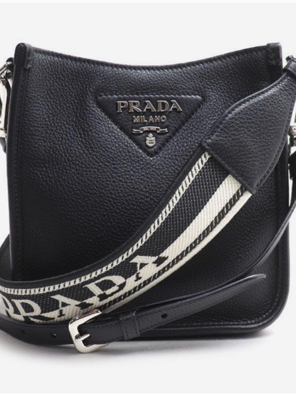 Prada Leather Shoulder Bag Black with Logo Strap and Black Leather Strap